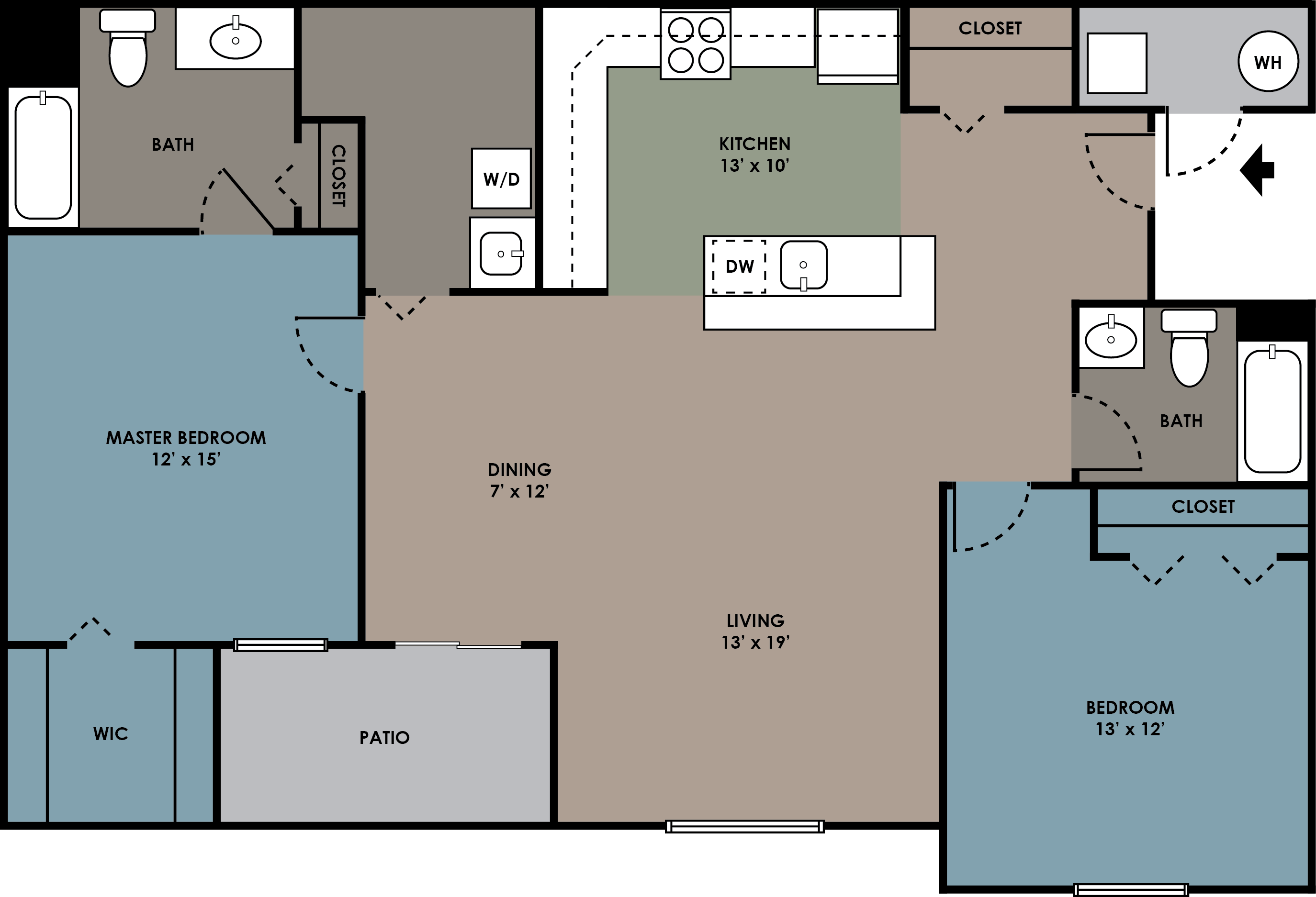 Floor plan for 2 beds, 2 baths, 1130 sqft